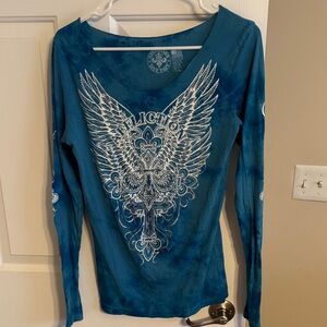 Affliction Teal Winged Graphic Long Sleeve Top